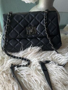 Badgley Mischka Black Quilted Chain-Shoulder Bag with Logo Hardware
